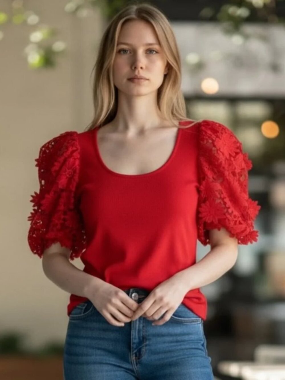 Dolan for Anthropologie | Red Lace Puff Sleeve Top Blouse XL